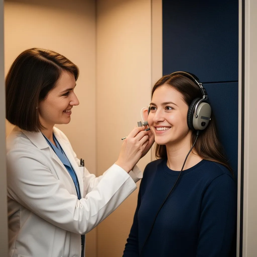 Fonoaudióloga realizando teste auditivo em paciente com fones