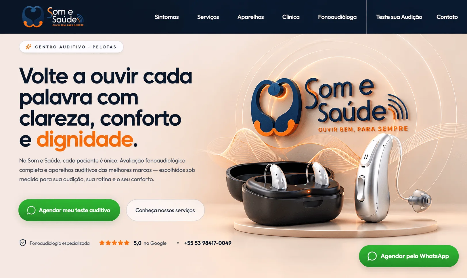 Hero da Som e Saúde com cabeçalho, chamada principal, botões de agendamento, aparelhos auditivos e logotipo premium